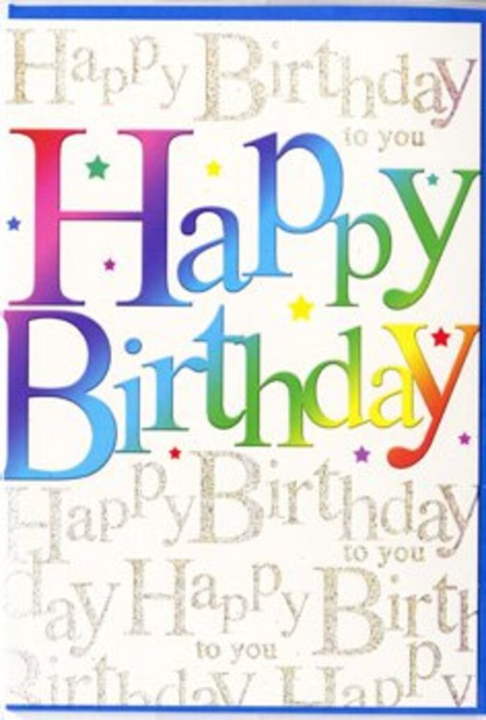 The birthday card shown here feels like a joyful announcement, the visual equivalent of a warm chorus of friends singing in a cosy Byfleet living room. At its heart, the design features the phrase Happy Birthday in generously sized, rounded letters flowing from left to right across the card. Each letter is filled with a rich, saturated colour that shifts as your eye travels along the line: a blend of ruby reds, bright fuchsias, ocean blues, turquoise greens, and mellow yellows that melt into each other in a soft gradient. The effect is like looking at a carefully arranged rainbow, each tone distinct yet harmoniously linked, similar to how a florist in Byfleet might combine contrasting blooms in a single bouquet. The surface of the lettering suggests a glossy, almost enamelled print, giving the words a depth that feels slightly raised above the softer background. That background is anything but plain: it's an elegant ivory canvas layered with flowing bands of gold-glitter script. This script, written in looping, connected cursive, repeats the phrase Happy Birthday to you in line after line, forming a subtle, decorative texture. The gold particles catch the light delicately, providing a refined sparkle that brings sophistication to the card's playful colours. Small, vivid specks and tiny star motifs are sprinkled across the design like confetti caught mid-air, adding just enough movement to suggest a party atmosphere without overwhelming the eye. The balance between bold, colourful text and shimmering, intricate detail makes the card feel special and carefully chosen, the kind of greeting that would sit beautifully among fresh birthday flowers delivered anywhere in Byfleet, bringing not only a message but a sense of shared celebration and care.