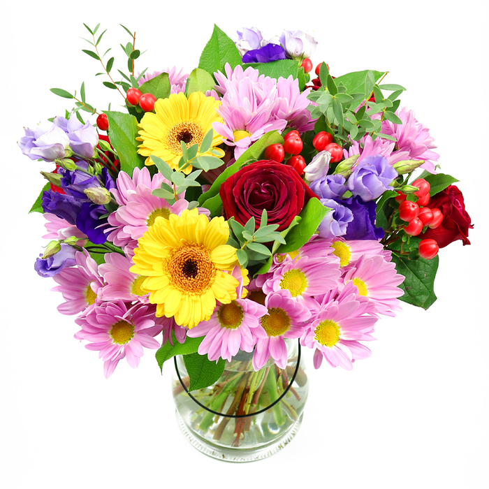 A generous mixed-flower arrangement rises from a straight-sided glass vase, its colours and textures captured against a plain white background that allows each flower to stand out. Deep red roses form the emotional centre of the bouquet, their velvety petals opening in full, rounded blooms that suggest warmth and affection. Close by, two vivid yellow gerbera daisies with distinctive dark brown-orange centres bring a lively, optimistic energy, their daisy-like faces wide open and welcoming. Enveloping these central blooms, soft pink daisies and chrysanthemums extend outwards in clusters, each made up of slender petals around a cheerful yellow core, adding both volume and a cushion of pastel colour. Threaded gracefully through this soft halo, purple and lavender lisianthus lend a cooler note, their bell-shaped flowers and buds swooping gently to create elegant, flowing lines. Tucked between petals and leaves, bright red hypericum berries appear in small clusters, their rounded, glossy forms giving the design a playful, modern twist. The bouquet is supported by a foundation of mixed greenery, with broad, deep green leaves offering structure and contrast, while lighter, more delicate foliage fills in the spaces and adds the impression of fresh growth. Through the clear glass of the vase, the cleanly trimmed stems are visible, criss-crossing in clear water and showing the tidy handiwork of an experienced florist. The even lighting feels similar to soft daylight, allowing the reds, yellows, pinks, and purples to glow without glare. This arrangement feels perfectly suited to a Byfleet occasion-a birthday gathering at home, a surprise delivery to a friend near the village centre, or a thoughtful gift to brighten an office near the local railway station.