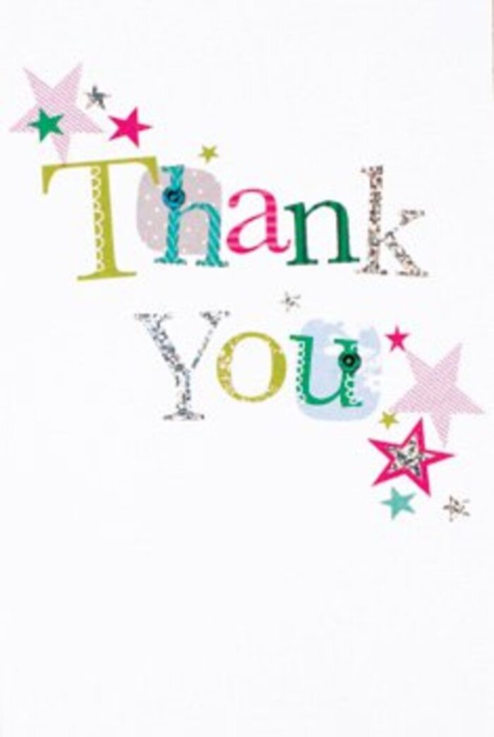 With understated grace and joyful flair, this thank you card evokes the friendly, welcoming spirit found throughout Byfleet's tree-lined streets. The typography sings with quiet exuberance; each letter stands alone in character, some with playful curves and soft spots, others elegantly arching like the outlines of riverside willows. A constellation of stars-some dazzling in silvery shimmer, others bold in pink or cool turquoise-fall naturally around the message, lending a sense of blessing and festivity. The immaculate white background breathes space and light into the scene, ensuring every shade and sparkle is noticed, much as the best floral arrangements are given space to bloom. The overall design is at once sophisticated and accessible, making it a versatile choice for expressing thanks whether after a neighbourly barbecue or a kind favour along Barnes Wallis Drive. This card would nestle beautifully beside a fresh arrangement designed by Flower Delivery Byfleet, its quiet confidence and textured playfulness ensuring the recipient feels both valued and uplifted. The gentle stardust effect animates the words, leaving an afterglow that lingers, just as heartfelt gratitude does in this close-knit Surrey community.