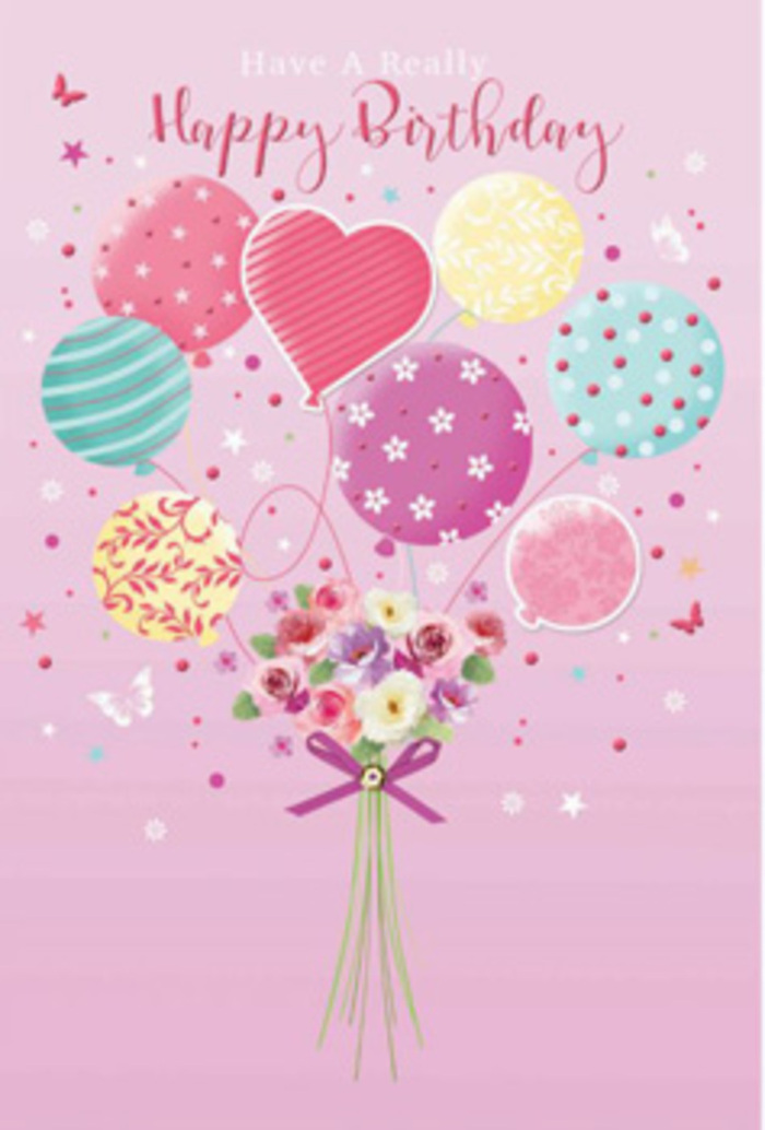 A softly whimsical birthday scene is illustrated on this card, evoking the gentle cheer of a Byfleet celebration. The composition centres around a bouquet of pastel balloons that seem to hover weightlessly against a blush-pink background, rising as though guided by a warm, invisible breeze. Each balloon is individually detailed-some with candy-like stripes that twist upwards, others with clusters of tiny, dancing polka dots or delicate floral motifs. Colours of tender pink, seafoam green, lemon yellow, and lavender blend together, creating a harmonious palette that feels both soothing and festive. Nestled in the middle of the cluster, a heart-shaped balloon glows with quiet warmth, underscoring the affectionate message of the card. Below the balloons, a hand-tied bouquet is gathered with a sense of care and craft, reminiscent of arrangements prepared for birthdays across Byfleet. Petite roses and daisy-like blooms, shaded from creamy ivory to blush and soft rose, fill the base with feathery, layered petals that appear almost touchable. A sparkling purple bow wraps around the stems, its satin loops reflecting the same gentle light that glints off the balloons above. Tiny butterflies and scattered star shapes dance around the arrangement, adding a fairy-tale charm, like birthday confetti drifting above Byfleet's back gardens. The overall lighting is warm and luminous, giving the impression of fresh, dew-kissed flowers and lending a subtle sense of fragrance to the scene. This thoughtful design turns a simple birthday card into a tender, uplifting moment, perfect for conveying joy and affection in Byfleet.