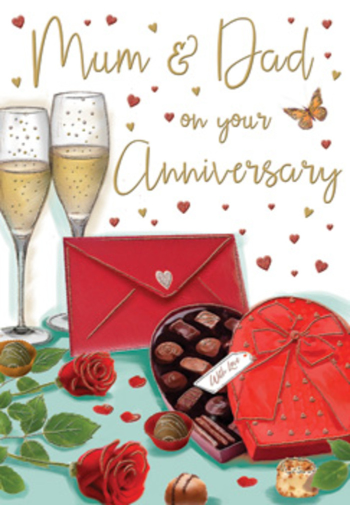 This detailed anniversary card illustration presents a romantic tabletop vignette that feels as though it belongs in a Byfleet sitting room on a cherished evening. In the centre rest two full, velvety red roses, each bloom rendered with careful shading that captures the natural curls and folds of the petals. Their deep crimson colour is set off by a cluster of rich green leaves beneath, giving the impression of freshly cut stems laid lovingly in place. Just in front, an open heart-shaped chocolate box provides a focal point of indulgence: its smooth red casing, complete with an oversized satin-style bow, gleams softly under the light. Inside, individual chocolates sit neatly in their moulds, each piece shaded to show smooth, domed tops that invite tasting. Behind this tantalising arrangement rise two elegant champagne flutes filled with golden sparkling wine; the artist has frozen the bubbles mid-ascent, as if capturing the heartbeat of a toast shared by Mum and Dad relaxing at home after a day in Byfleet village or along nearby country lanes. The background is scattered with floating crimson and gold hearts, encircling a loving message that anchors the card firmly in the spirit of anniversary celebration. A deep red envelope, sealed and resting at a gentle angle, suggests a hand-written note brimming with memories and thankfulness, much like the messages often tucked alongside bouquets delivered from Flower Delivery Byfleet. Soft, ambient light illuminates the scene, catching delicate highlights on glass, chocolates, and ribbon, and lending the roses a lush, almost fragrant presence. Altogether, the composition radiates warmth, intimacy, and the comforting sense of a life shared, season after season, in the heart of Byfleet.