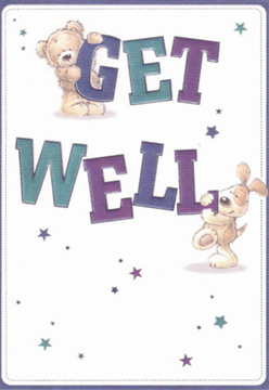 Emanating comfort and playful reassurance, this get well card captures the heartfelt essence of Byfleet's friendly neighbourhoods. The central illustration features a plush teddy bear reclining happily atop the bold 'GET,' while a sprightly puppy, tail wagging, curls beside the strong 'WELL' below. Their gently rounded forms and warm, expressive faces communicate affection and hope-an embrace in illustration, much like the thoughtful bouquets waiting for same-day delivery across Byfleet. The deep purples and teals of the text offer a striking contrast to the clean, white backdrop-a design as refreshing as morning light filtering through windows on High Road. Scattered throughout, starlike bursts in varying shades of blue and purple twinkle with optimism, hinting at the quiet possibility inherent in every wish for wellness. The nurturing composition is reminiscent of arranging a flower bouquet with intention and care: every detail crafted to bring a spark of brightness and calm to someone on their road to recovery-making it the ideal companion card for a Byfleet get well delivery.