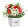 Like a cheerful morning in Byfleet, this florists' bouquet radiates an inviting blend of colour and softness from a crisp white gift bag, highlighted against a spotless background. Clusters of coral and peach carnations deliver texture and warmth with their ruffled petals, reminiscent of Byfleet's flower-filled footpaths in late spring. Crisp white daisies, each centered by a lively yellow-green disk, lend a pure and uplifting effect, while feathery sprigs of baby's breath dance playfully among their larger companions. Tucked along the bouquet's edge, purple-tinted buds add a secretive touch, promising more beauty yet to open-much like the quiet anticipation before a village festival. The whole ensemble is cradled by broad, lustrous green leaves, forming a gentle arc at the base and enhancing both the vibrancy and structure. White ribbon handles provide a final touch of elegance, making this bouquet a joy to deliver for birthdays, new beginnings, or heartfelt gestures all across Byfleet, from the banks of the River Wey to the bustling heart of the village.