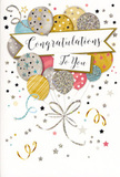 In this image, a tall congratulations card stands ready to be paired with a fresh bouquet for delivery around Byfleet, its design radiating gentle festivity and heartfelt pride. The front of the card is adorned with a generous arrangement of illustrated balloons, bunched together in an airy cluster that seems to float upward from the bottom edge. The balloons are softly rounded and tinted in harmonious tones of warm gold, dusky silver, soft champagne, sky blue, blush pink, and muted grey, suggesting a refined party palette. Each balloon carries its own decoration-tiny metallic stars, delicate stripes, and glimmering speckles that recall the look of fine glitter-so that the surface appears subtly textured, as if you might feel a slight sparkle beneath your fingertips. A wide banner curves gracefully across the middle of the design, displaying the words Congratulations To You in elegant, calligraphic lettering that feels personal and celebratory. Slender ribbons unwind from the balloons, their curls drifting gently downward, while scattered stars and confetti-like dots in gold and silver float across the soft, neutral background. This combination of elements creates an atmosphere that is vibrant yet tasteful, like a well-planned celebration shared with close friends in Byfleet. The card's careful composition and metallic highlights make it a versatile choice to honour many achievements-from exam results and graduations to promotions and new ventures-adding a polished finishing touch when sent alongside a beautiful floral arrangement.