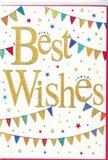 This Best Wishes card presents a scene of gentle festivity, almost like peering down a quiet Byfleet street on the day of a community celebration. At the card's heart, the phrase Best Wishes is written in generous, flowing gold script. The letters have a smooth, slightly raised look, and the metallic finish glows warmly, reminiscent of the soft gleam of fairy lights reflected in a window on a clear evening. The crisp white background gives the design a fresh, open feel, making the central message and decorative details stand out clearly. Above and below the golden text, curved lines of colourful bunting stretch from one side of the card to the other. Each tiny triangular flag is drawn in a vivid shade-strong red, deep blue, bright green, sunny yellow, and soft pink-with some flags carrying delicate dots or fine stripes that add a hand-crafted character. These arcs of bunting mimic the sway of real fabric flags moving gently in an outdoor breeze, echoing the kind of relaxed celebrations that might take place around Byfleet's homes and gardens. Scattered in between are miniature star shapes and round confetti specks, echoing the colours of the bunting and adding a sense of joyful motion, as if a handful of confetti had just drifted through the air. The overall mood is one of hope, happiness, and kind encouragement, making this card a natural partner for a bouquet sent to mark promotions, exam successes, new homes, or any proud moment. Paired with same-day flower delivery around Byfleet, it visually conveys heartfelt good wishes with a bright yet graceful charm.