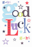 A cheerful good luck card is shown laid flat against a clean white surface, its whole design bursting with playful colour and optimism, like something you might spot in a sunny Byfleet shop window before nipping over to the village green. The bold words Good Luck stretch across the centre, each letter in a different font and shade so they feel almost hand-picked by a designer: a large, rounded pastel-blue g leads the phrase, followed by deep reds, mossy greens, inky blacks, and rich purples, all set crisply against a bright white background. Around the lettering, stars of every size and style scatter across the card, some tiny and faint in soft lavender and sky blue, others stronger in navy, indigo, and teal, creating the sense of confetti tossed into the air or a clear night sky above the River Wey. The card stock looks smooth and substantial, the kind of quality paper that makes a soft rustle when you lift it, while the printed inks appear velvety and opaque, with edges so sharp you can almost feel them with your fingertips. The layout is simple yet full of movement, with the stars gently guiding the eye around the message so the whole card feels lively and encouraging rather than cluttered. It is easy to imagine this card tucked beside a bright bouquet or a lucky green plant delivered to a doorstep in Byfleet, slipped into someone's hand before exams, a new job, or a house move, carrying all the warmth of a friend's voice saying, You've got this.