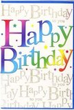 This birthday card appears as a lively, paper-based party, much like the happy buzz of neighbours gathering for a celebration in Byfleet. Dominating the front is the phrase Happy Birthday, rendered in large, playful letters that tilt and curve slightly, giving them an animated, friendly character. Each letter holds a different segment of a rainbow spectrum: velvety reds and pinks flow into vivid purples and blues, then melt into cool greens and sunny yellows, with soft transitions that make the colours feel like they're gently sliding into one another. The letters look smooth and glossy, as if printed with high-quality, slightly raised ink that would catch the light when the card is moved. Behind this colourful headline, the background is subtly rich-a creamy, off-white base that's almost completely covered with repeating lines of gold-glitter cursive. The words Happy Birthday to you trail across in fine, loopy handwriting, each line neatly stacked, reminiscent of decorative wrapping paper or the notes on a cherished card kept for years. The glitter in the script appears fine-grained and evenly spread, creating a delicate shimmer rather than a harsh sparkle, echoing the gentle gleam of evening light on Byfleet's residential streets. Here and there, small sprays of colour and tiny star shapes drift between the letters, like confetti caught at rest after a joyful toast. The card's design feels both exuberant and considerate, ideal for pairing with a bright floral arrangement for same-day delivery around Byfleet. It conveys not only the simple words happy birthday, but also a mood of genuine excitement and affection, turning a familiar phrase into a keepsake moment for the person celebrating another year.
