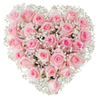 A perfectly formed heart of flowers, composed entirely of tightly clustered soft pink roses and sprinkled throughout with clouds of tiny white baby's breath, photographed against a clean white background. The composition reads like a tactile map of tenderness: each rose shows subtle gradations from a barely-there blush at the outer petals to a warmer, more saturated pink at the centre, creating a velvet surface that invites the fingertips. Intermittent sprays of gypsophila catch the light like fine lace, their pinhead blooms adding an airy counterpoint that keeps the heart feeling light rather than heavy. Studio lighting is bright and even, lifting the pale pink tones and revealing the delicate veining and the satiny sheen of each petal, while the overall symmetry and dense packing emphasise the intention behind the design - a single, wholehearted sentiment. The scent imagined here is gentle, a soft rose perfume tempered by the green, herbal hint of the baby's breath, like a quiet promise. From a local florist's point of view, this is a classic statement piece for romantic occasions, anniversaries or a tender tribute at a village celebration; it is the sort of piece our customers in Byfleet Village and along the River Wey ask for when they want something that reads unmistakably of love. A piece like this carries both visual richness and emotional clarity, its simple palette of pink and white made powerful by careful placement, freshness and the calm confidence of practiced hands.