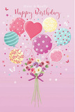 This illustrated birthday card captures the essence of a light, joyful celebration, as if a bouquet had taken flight over Byfleet on a calm spring afternoon. A cluster of pastel balloons rises from the centre of the design, gently bobbing against a soft pink background. Each balloon is unique, decorated with playful patterns-swirling ribbons, candy-coloured stripes, scattered polka dots, and delicate floral touches-in tones of rose, teal, lemon, and lavender. A heart-shaped balloon glows at the centre, radiating warmth and affection. Tied beneath this airy display is a lush hand-tied bouquet, compact and charming, like one just collected from a local Byfleet florist. Creamy roses and anemone-like blossoms in ivory, blush pink, and muted mauve gather at the base, their petals soft and layered, suggesting fresh, velvety textures. A neat violet satin bow secures the stems, its sheen catching the same gentle light that makes the balloons shine, echoing the care taken in a professionally finished arrangement. Around the bouquet and balloons, tiny butterflies and star-like sparkles drift across the scene, adding a sense of magic and movement, reminiscent of confetti floating above a birthday table. The lighting is warm and even, giving the flowers a natural glow and hinting at their sweet, uplifting fragrance. Together, these details create a scene that feels both whimsical and thoughtfully crafted, transforming a simple birthday greeting into a floating expression of joy, ready to delight someone special in Byfleet.