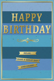 This graceful birthday card blends cool blue tones with warm gold highlights, creating a tranquil yet festive impression that suits a relaxed Byfleet celebration perfectly. The background is composed of wide horizontal stripes of blue that span the width of the card, each stripe subtly lighter or darker than the next. Near the top edge, the blue appears rich and deep, almost navy; as your eye travels down, the colour gradually softens through ocean and teal shades into a gentle, airy blue at the bottom. The effect is like watching the sky clear after rain, serene and unhurried. Set prominently across the upper centre, the words HAPPY BIRTHDAY are embossed in luminous gold capitals. The lettering stands proud against the blue, its metallic sheen giving the card a sense of occasion without overwhelming its calm design. Just below this main greeting, a delicate golden flourish curves outward, a refined detail reminiscent of classical letterpress work. Further down, three slender gold banners sit in a tidy vertical stack, each one bearing a portion of a friendly, encouraging message: Relax, have a great day and enjoy! The banners contribute a conversational warmth, as if the card is gently speaking to the recipient. A fine gold border traces the outer edge of the card, framing the shifting blues and gleaming text with simple elegance. The matte character of the blue background contrasts with the raised, glossy gold foiling, suggesting a pleasing mix of textures under the fingertips. You can easily imagine this card positioned beside a fresh, scented bouquet delivered to a home near Byfleet village green or along Oyster Lane, its soft blues echoing cool petals while the gold catches fleeting flashes of light throughout a birthday afternoon.