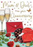 This romantic anniversary card scene is illustrated with the care of someone setting a special table in Byfleet for Mum and Dad's celebration. At its heart, two rich red roses lie side by side, their petals shaded from deep wine tones to bright scarlet, giving them a velvety, almost touchable texture. Behind their soft bloom, glossy green leaves peek out, adding a fresh, garden-like contrast. In the foreground, an open heart-shaped box of chocolates draws the eye; the red lid, adorned with a full, flowing bow, is slightly raised to reveal a tidy assortment of chocolates inside, each one rounded and polished, as though waiting to be shared at the end of a home-cooked meal. Standing close together just beyond, two tall champagne flutes are illustrated with slender stems and gently flared rims, filled with golden fizz whose tiny bubbles are caught mid-rise, conjuring the sound of a quiet toast in a Byfleet living room. Scattered around the central elements are small gold and crimson hearts that swirl around hand-written anniversary wishes for loving parents, adding a playful yet deeply affectionate mood. A vivid scarlet envelope, carefully sealed, rests at an angle near the chocolates, suggesting a personal, heartfelt message that might travel across Byfleet with a bouquet on the same day. Gentle, evening-like lighting bathes the entire composition, casting soft reflections on the glassware and a warm sheen on the ribbon and chocolate, while giving the roses a subtle, glowing depth. The overall effect is one of cosy celebration and enduring love-the kind of intimate, thoughtful moment that turns an ordinary table into the heart of an anniversary in Byfleet.